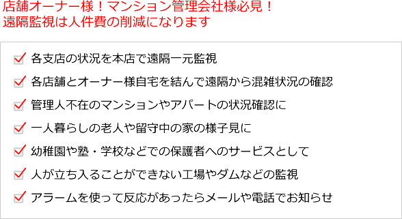 防犯カメラ・ネットワークカメラ遠隔監視システムの使用例